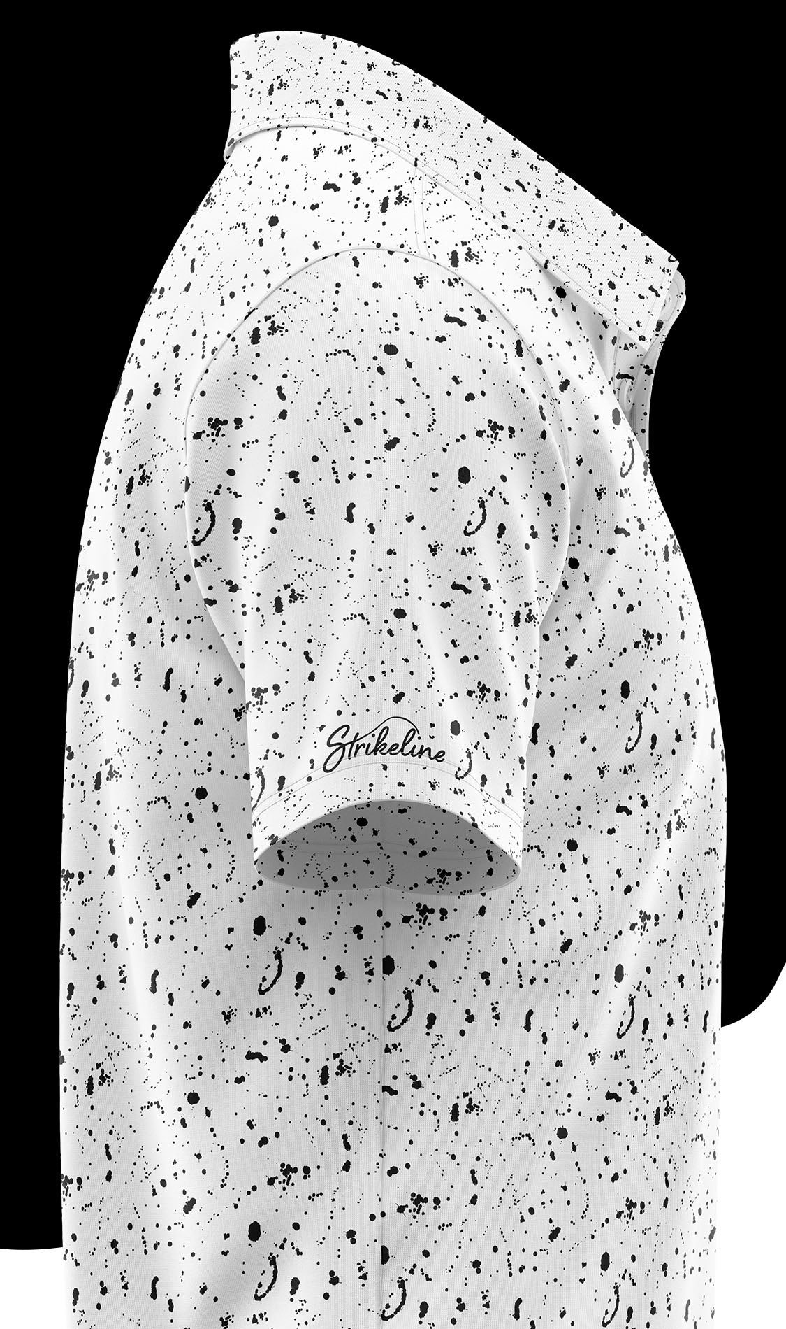 Speckled patterned shirt with 'Stokke' branding on a black background